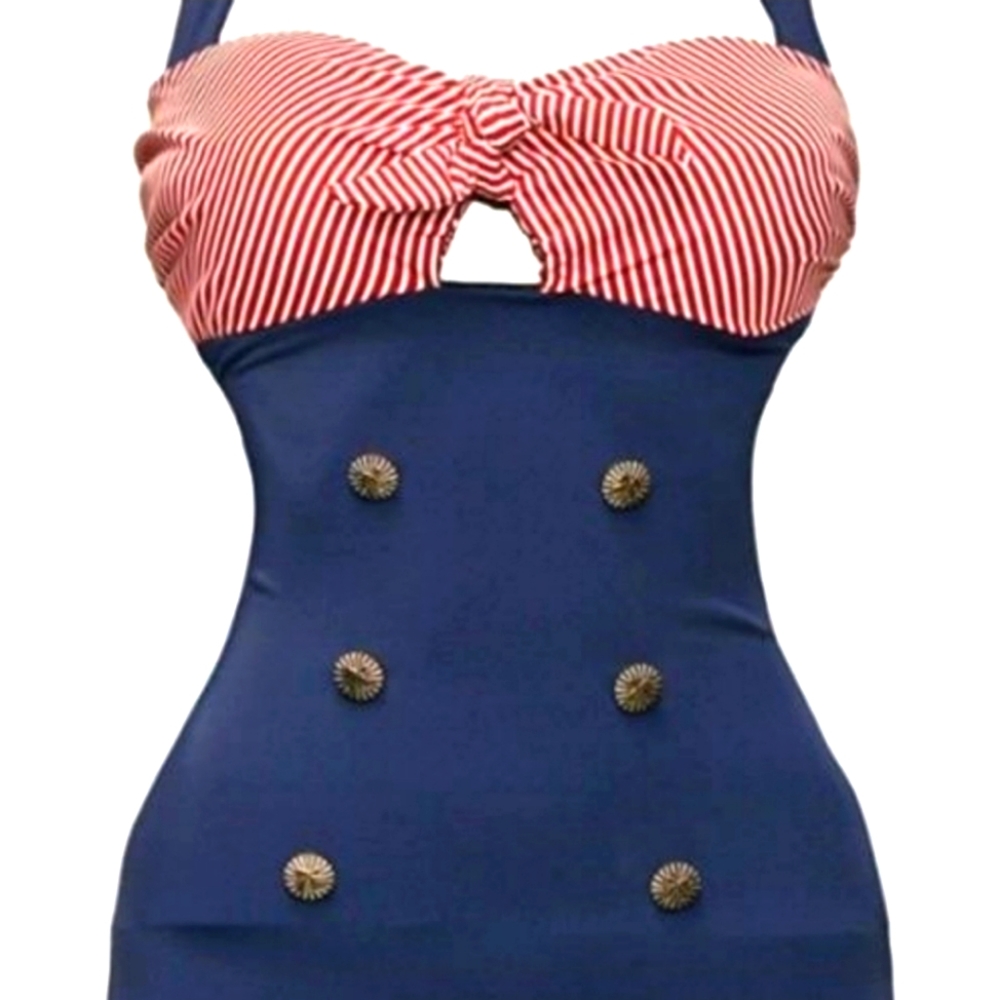 1950s Navy Style Push Up Monokini Halter Striped with ⚓ buttons Navy Blue